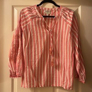 Peach and white long sleeved blouse beautiful with jeans or slacks